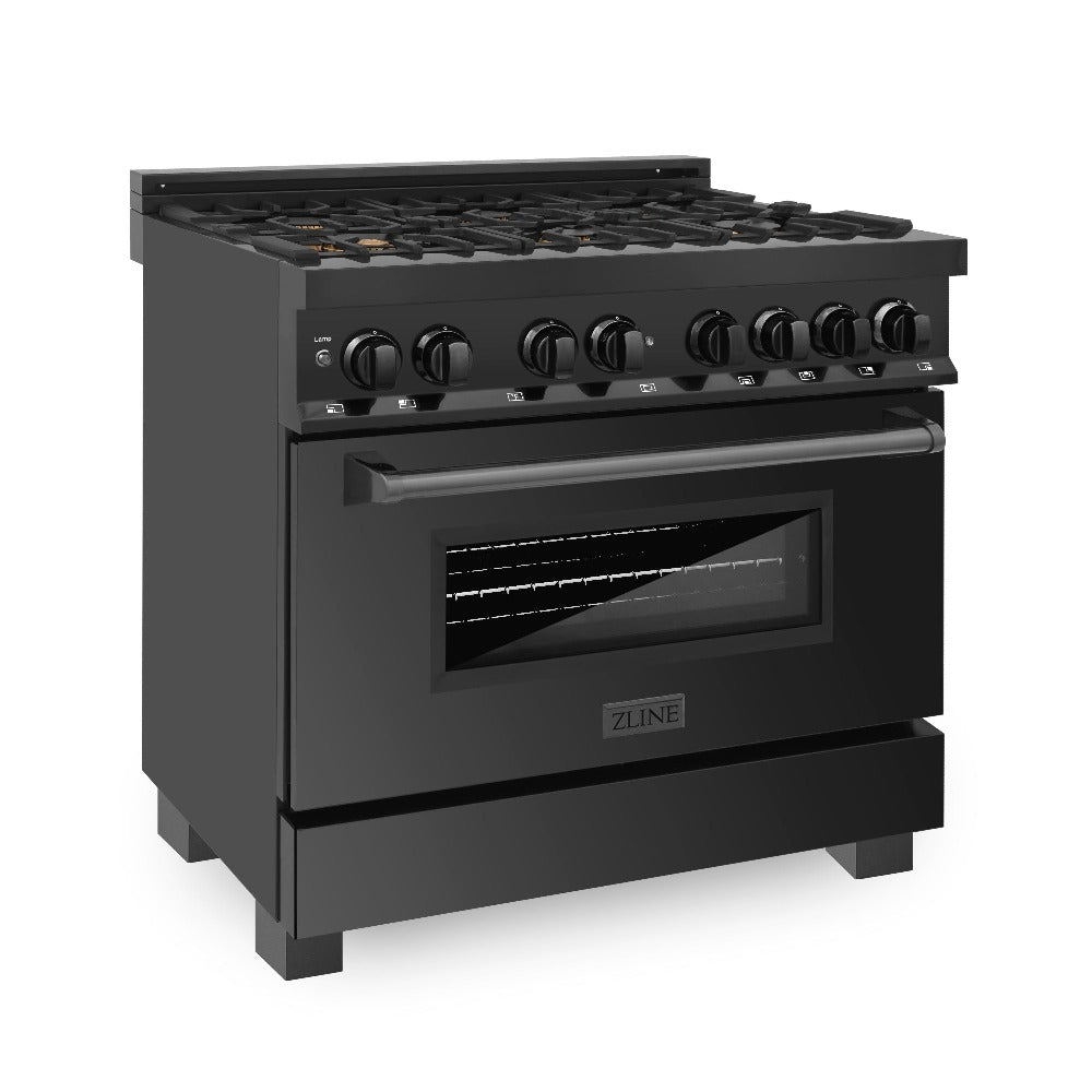 ZLINE 36 in. 4.6 cu. ft. Dual Fuel Range with Gas Stove and Electric Oven in Black Stainless Steel with Brass Burners (RAB-BR-36) front, oven closed.