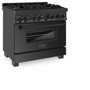 ZLINE 36 in. 4.6 cu. ft. Dual Fuel Range with Gas Stove and Electric Oven in Black Stainless Steel with Brass Burners (RAB-BR-36) side, oven door closed.
