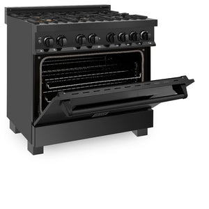 ZLINE 36 in. 4.6 cu. ft. Dual Fuel Range with Gas Stove and Electric Oven in Black Stainless Steel with Brass Burners (RAB-BR-36) side, oven half open.