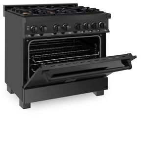 ZLINE 36 in. 4.6 cu. ft. Dual Fuel Range with Gas Stove and Electric Oven in Black Stainless Steel with Brass Burners (RAB-BR-36) side, oven door half open.