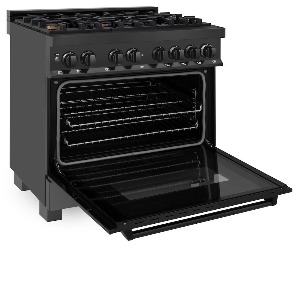 ZLINE 36 in. 4.6 cu. ft. Dual Fuel Range with Gas Stove and Electric Oven in Black Stainless Steel with Brass Burners (RAB-BR-36) side, oven door open.
