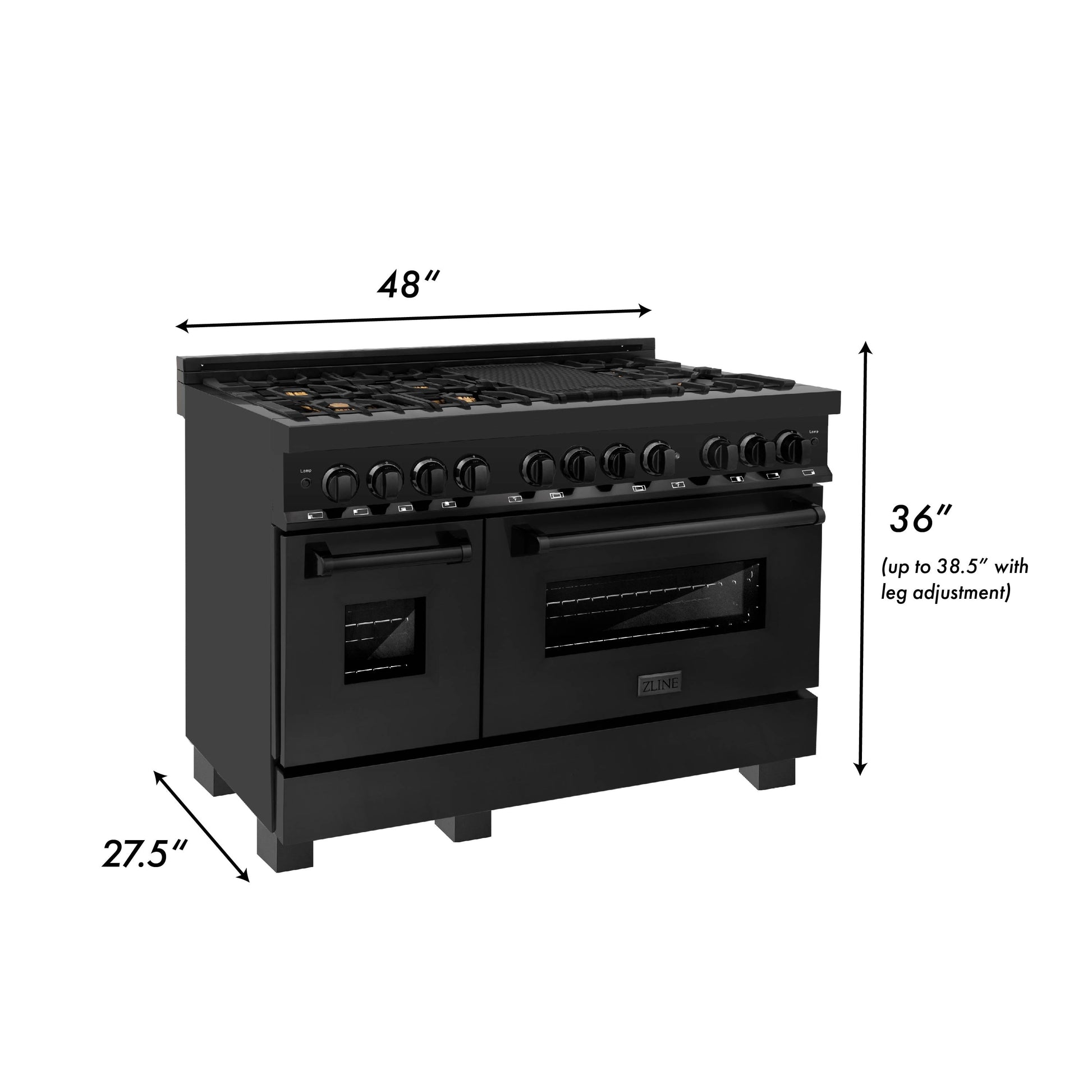 ZLINE 48 in. 6.0 cu. ft. Dual Fuel Range with Gas Stove and Electric Oven in Black Stainless Steel with Brass Burners (RAB-BR-48) dimensional diagram with measurements.