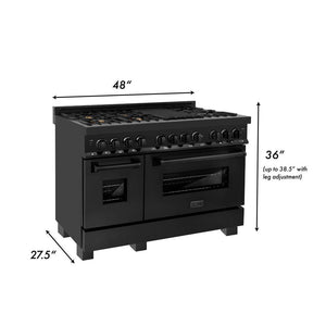 ZLINE 48 in. 6.0 cu. ft. Legacy Dual Fuel Range with Gas Cooktop and 2 Electric Ovens in Black Stainless Steel with Brass Burners (RAB-BR-48) dimensional diagram.