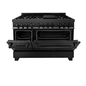 ZLINE 48 in. 6.0 cu. ft. Dual Fuel Range with Gas Stove and Electric Oven in Black Stainless Steel with Brass Burners (RAB-BR-48) front, ovens half open.