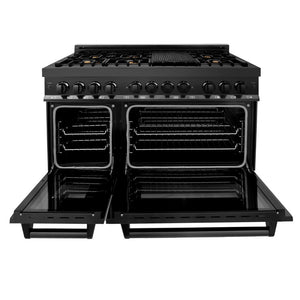 ZLINE 48 in. 6.0 cu. ft. Dual Fuel Range with Gas Stove and Electric Oven in Black Stainless Steel with Brass Burners (RAB-BR-48) front, oven door open.
