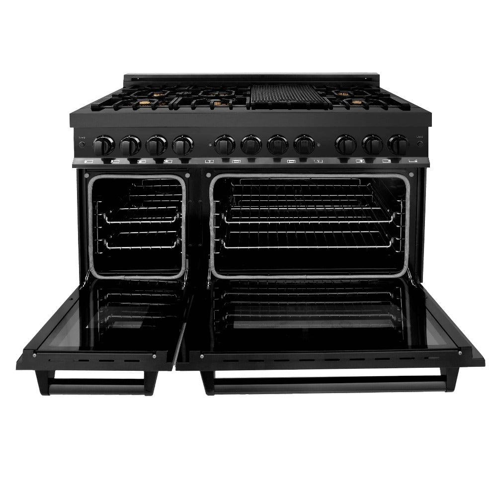 ZLINE 48 in. 6.0 cu. ft. Dual Fuel Range with Gas Stove and Electric Oven in Black Stainless Steel with Brass Burners (RAB-BR-48) front, ovens open.