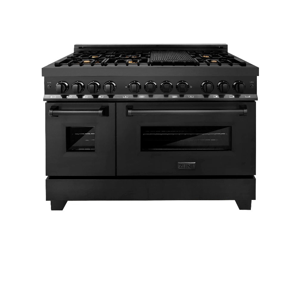 ZLINE 48 in. 6.0 cu. ft. Dual Fuel Range with Gas Stove and Electric Oven in Black Stainless Steel with Brass Burners (RAB-BR-48) front, ovens closed..