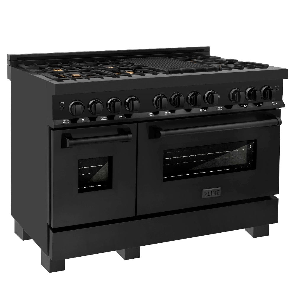 ZLINE 48 in. 6.0 cu. ft. Dual Fuel Range with Gas Stove and Electric Oven in Black Stainless Steel with Brass Burners (RAB-BR-48) side, ovens closed.