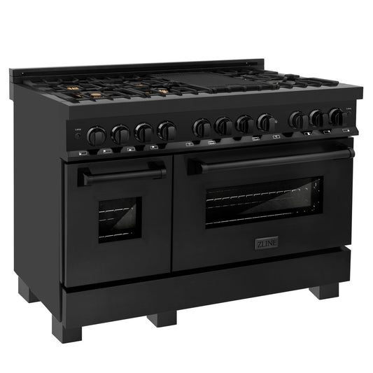 ZLINE 48 in. 6.0 cu. ft. Legacy Dual Fuel Range with Gas Cooktop and 2 Electric Ovens in Black Stainless Steel with 6 Brass Burners (RAB-BR-48)