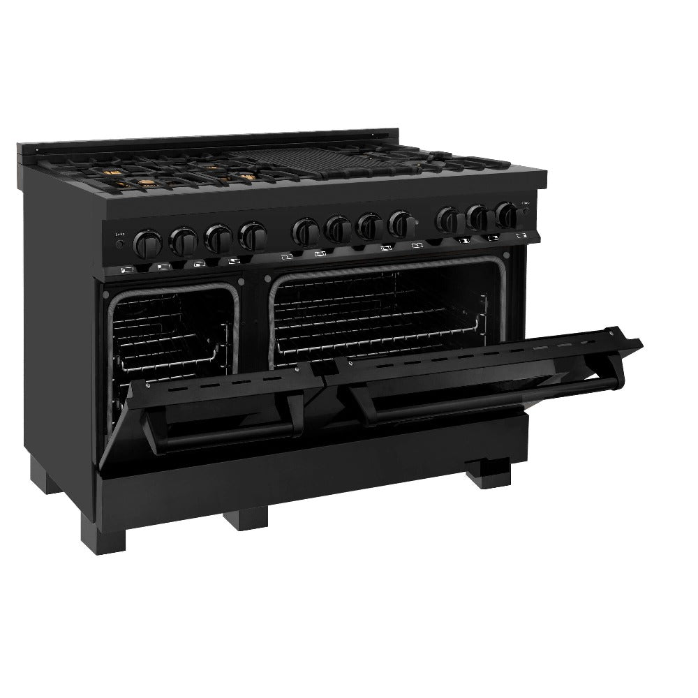 ZLINE 48 in. 6.0 cu. ft. Dual Fuel Range with Gas Stove and Electric Oven in Black Stainless Steel with Brass Burners (RAB-BR-48) side, ovens half open.