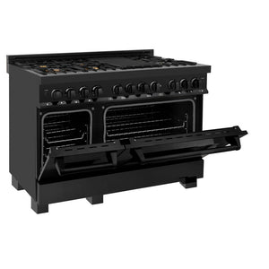ZLINE 48 in. 6.0 cu. ft. Dual Fuel Range with Gas Stove and Electric Oven in Black Stainless Steel with Brass Burners (RAB-BR-48) side, oven door half open.