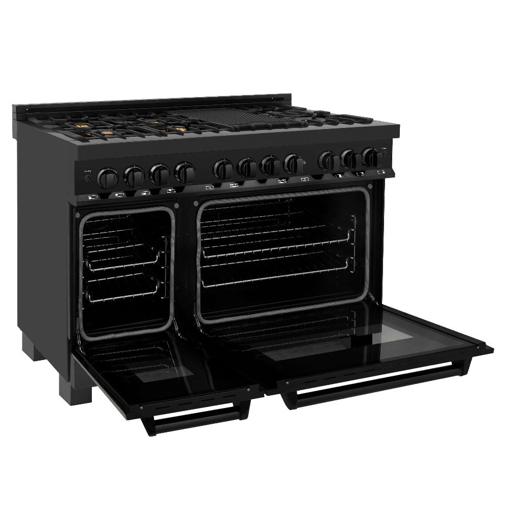 ZLINE 48 in. 6.0 cu. ft. Dual Fuel Range with Gas Stove and Electric Oven in Black Stainless Steel with Brass Burners (RAB-BR-48) side, ovens open.