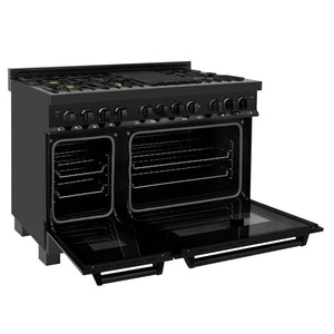 ZLINE 48 in. 6.0 cu. ft. Dual Fuel Range with Gas Stove and Electric Oven in Black Stainless Steel with Brass Burners (RAB-BR-48) side, oven door open.
