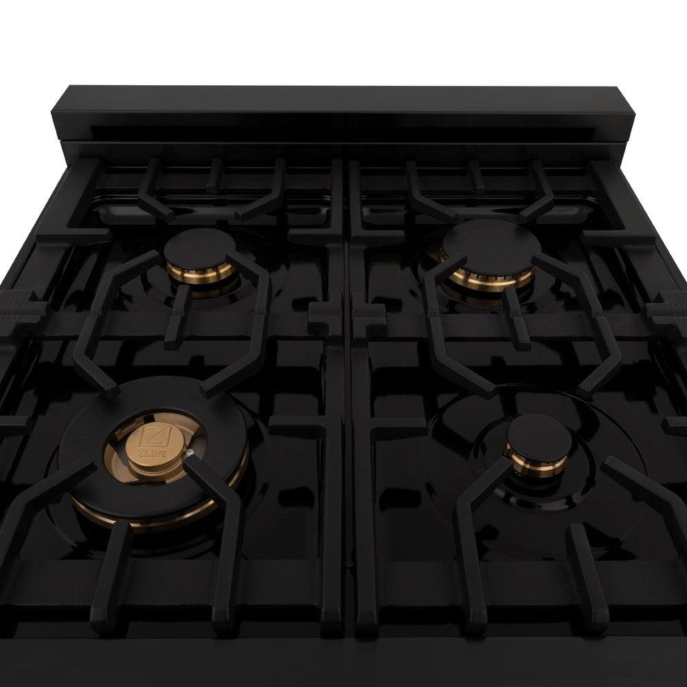 ZLINE brass burners on black porcelain cooktop with cast-iron grates.