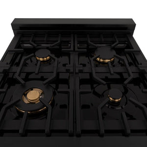 ZLINE Autograph Edition 24 in. 2.8 cu. ft. Legacy Dual Fuel Range with 4 Burner Gas Cooktop and Electric Convection Oven in Black Stainless Steel and Polished Gold Accents (RABZ-24-G) brass burners and grates.