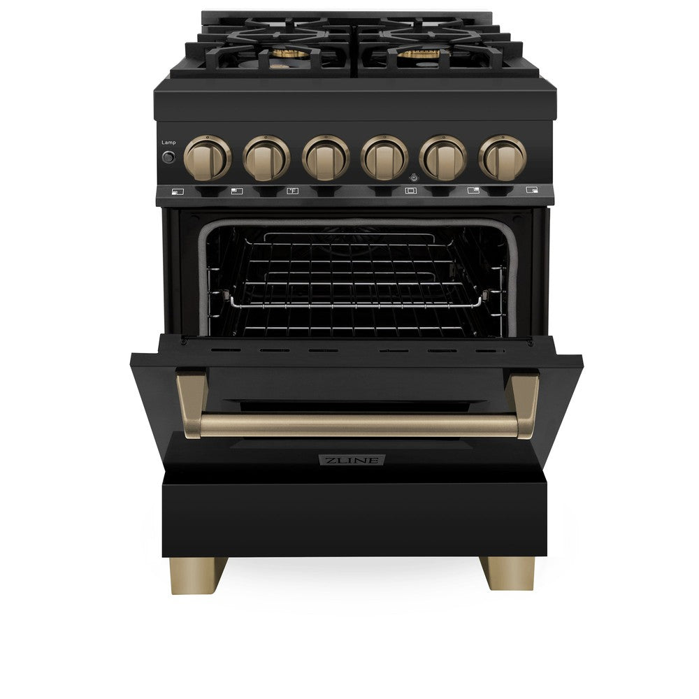 ZLINE Autograph Edition 24 in. 2.8 cu. ft. Legacy Dual Fuel Range with 4 Burner Gas Cooktop and Electric Convection Oven in Black Stainless Steel and Champagne Bronze Accents (RABZ-24-CB) front, oven half open.