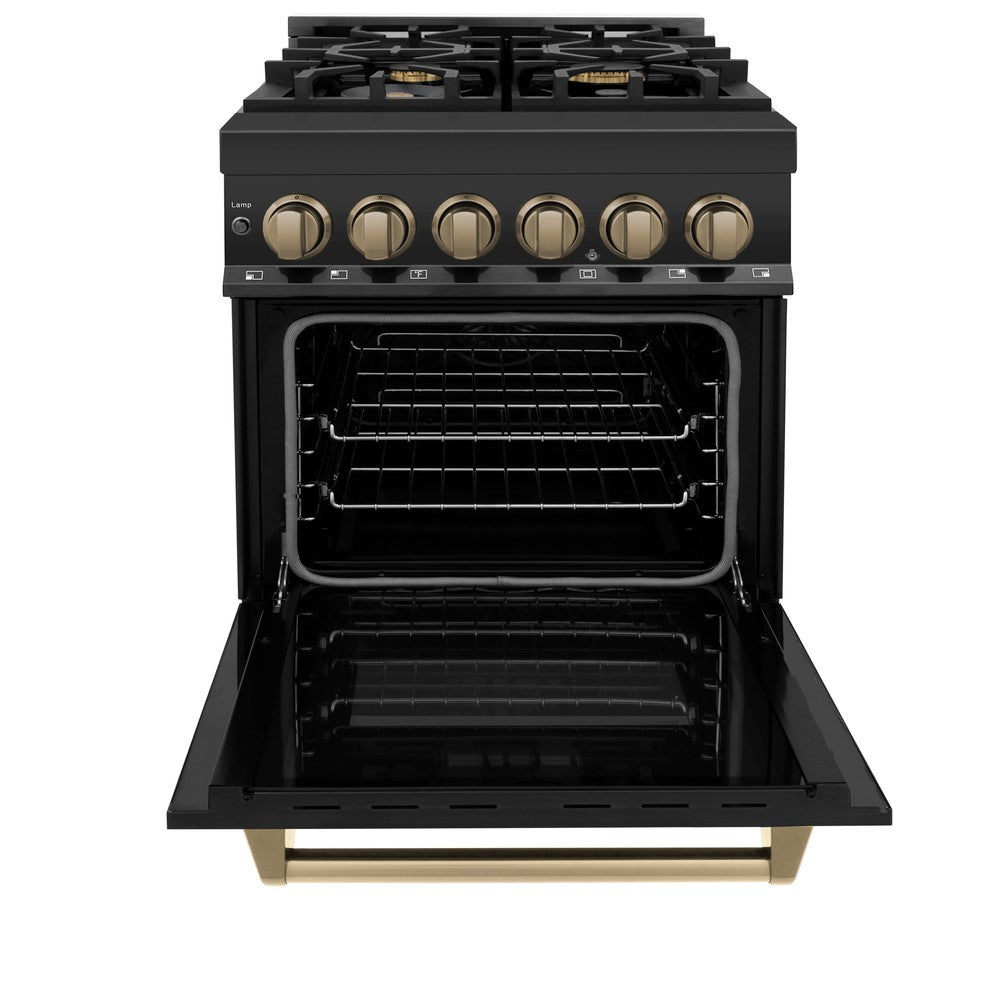 ZLINE Autograph Edition 24 in. 2.8 cu. ft. Legacy Dual Fuel Range with 4 Burner Gas Cooktop and Electric Convection Oven in Black Stainless Steel and Champagne Bronze Accents (RABZ-24-CB) front, oven open.