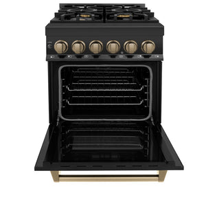 ZLINE Autograph Edition 24 in. 2.8 cu. ft. Legacy Dual Fuel Range with 4 Burner Gas Cooktop and Electric Convection Oven in Black Stainless Steel and Champagne Bronze Accents (RABZ-24-CB) front, open.