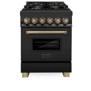 ZLINE Autograph Edition 24 in. 2.8 cu. ft. Legacy Dual Fuel Range with 4 Burner Gas Cooktop and Electric Convection Oven in Black Stainless Steel and Champagne Bronze Accents (RABZ-24-CB) front, oven closed.