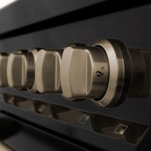 ZLINE Autograph Edition 24 in. 2.8 cu. ft. Legacy Dual Fuel Range with 4 Burner Gas Cooktop and Electric Convection Oven in Black Stainless Steel and Champagne Bronze Accents (RABZ-24-CB) knobs detail.