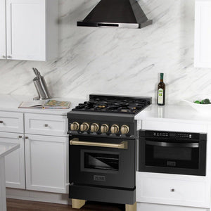 ZLINE Autograph Edition 24 in. 2.8 cu. ft. Legacy Dual Fuel Range with 4 Burner Gas Cooktop and Electric Convection Oven in Black Stainless Steel and Champagne Bronze Accents (RABZ-24-CB) in a luxury kitchen.