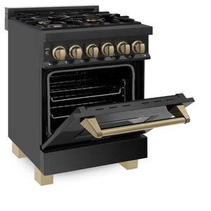 ZLINE Autograph Edition 24 in. 2.8 cu. ft. Legacy Dual Fuel Range with 4 Burner Gas Cooktop and Electric Convection Oven in Black Stainless Steel and Champagne Bronze Accents (RABZ-24-CB) side, oven half open.