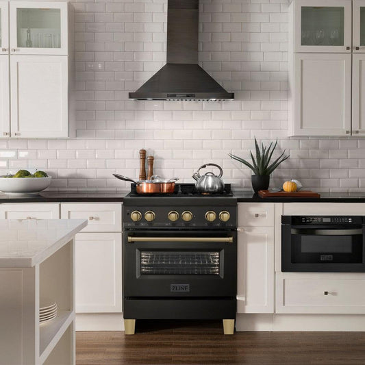 ZLINE Autograph Edition 30 in. 4.0 cu. ft. Dual Fuel Range with Gas Stove and Electric Oven in Black Stainless Steel with Champagne Bronze Accents (RABZ-30-CB) in a luxury farmhouse-style kitchen with other ZLINE appliances and plumbing fixtures from front.