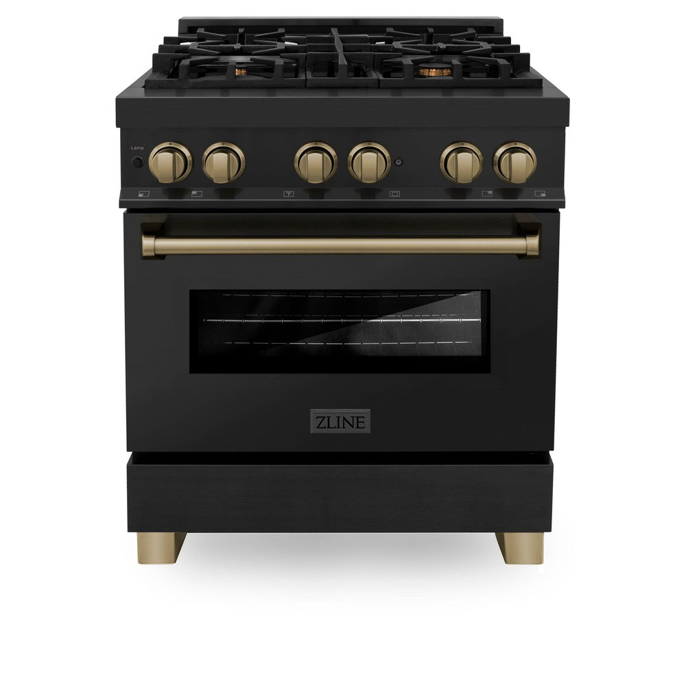 ZLINE Autograph Edition 30 in. 4.0 cu. ft. Legacy Dual Fuel Range with 4 Burner Gas Cooktop and Electric Convection Oven in Black Stainless Steel and Champagne Bronze Accents (RABZ-30-CB) front, oven closed.