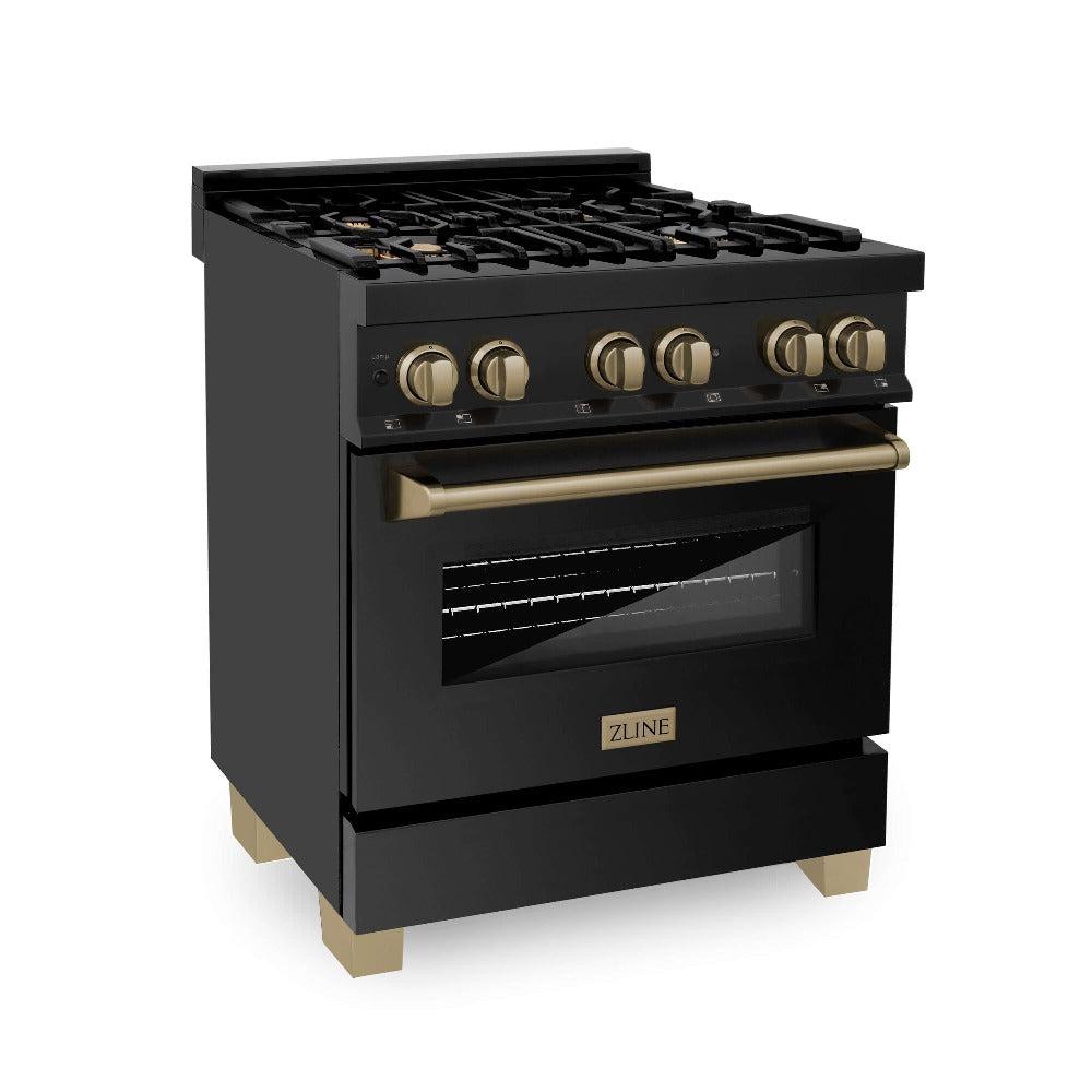 ZLINE Autograph Edition 30 in. 4.0 cu. ft. Dual Fuel Range with Gas Stove and Electric Oven in Black Stainless Steel with Champagne Bronze Accents (RABZ-30-CB) side, oven closed.