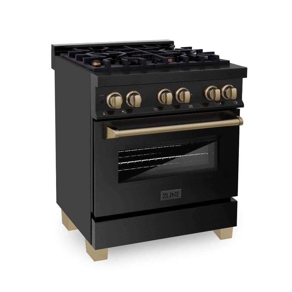 ZLINE Autograph Edition 30 in. 4.0 cu. ft. Dual Fuel Range with Gas Stove and Electric Oven in Black Stainless Steel with Champagne Bronze Accents (RABZ-30-CB) side, oven closed.