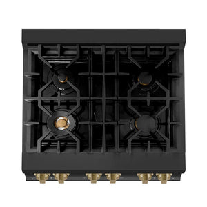 ZLINE Autograph Edition 30 in. 4.0 cu. ft. Dual Fuel Range with Gas Stove and Electric Oven in Black Stainless Steel with Champagne Bronze Accents (RABZ-30-CB) above 4-burner gas cooktop.