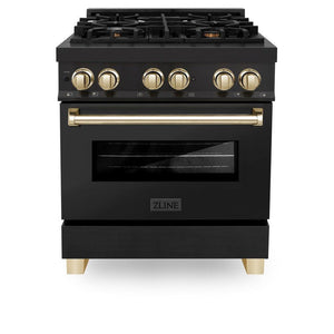 ZLINE Autograph Edition 30 in. 4.0 cu. ft. Legacy Dual Fuel Range with 4 Burner Gas Cooktop and Electric Convection Oven in Black Stainless Steel and Polished Gold Accents (RABZ-30-G) front, oven closed.