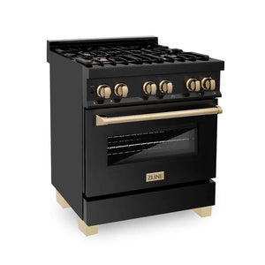 ZLINE Autograph Edition 30 in. 4.0 cu. ft. Dual Fuel Range with Gas Stove and Electric Oven in Black Stainless Steel with Polished Gold Accents (RABZ-30-G) side, oven closed.