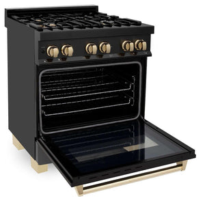 ZLINE Autograph Edition 30 in. 4.0 cu. ft. Dual Fuel Range with Gas Stove and Electric Oven in Black Stainless Steel with Polished Gold Accents (RABZ-30-G) side, oven open.