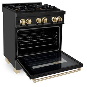 ZLINE Autograph Edition 30 in. 4.0 cu. ft. Legacy Dual Fuel Range with 4 Burner Gas Cooktop and Electric Convection Oven in Black Stainless Steel and Polished Gold Accents (RABZ-30-G) side, oven open.