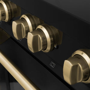 ZLINE Autograph Edition Champagne Bronze range knobs and handle on Black Stainless Steel Range.