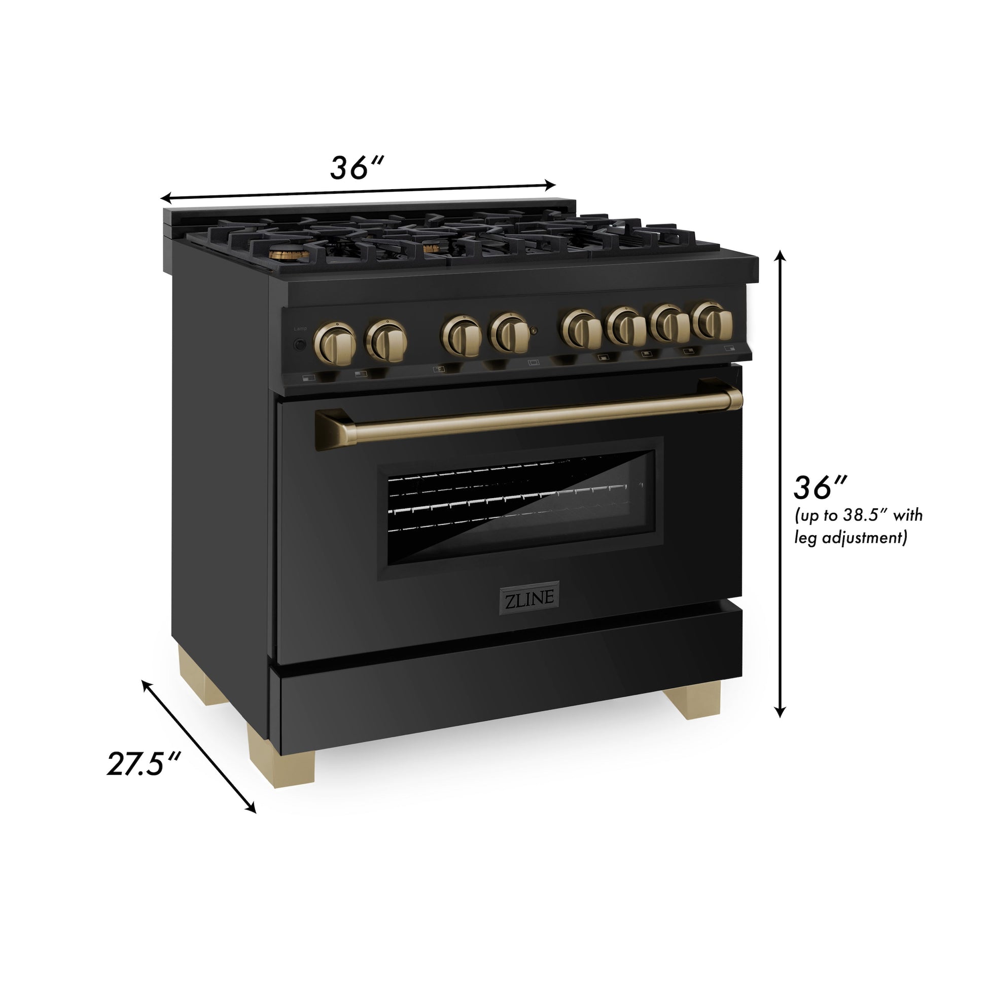 ZLINE Autograph Edition 36 in. Kitchen Package with Black Stainless Steel Dual Fuel Range, Range Hood and Dishwasher with Champagne Bronze Accents (3AKP-RABRHDWV36-CB) dimensional diagram with measurements.