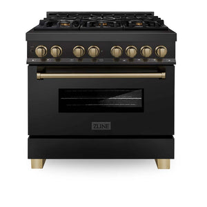 ZLINE Autograph Edition 36 in. 4.6 cu. ft. Legacy Dual Fuel Range with 6 Burner Gas Cooktop and Electric Convection Oven in Black Stainless Steel and Champagne Bronze Accents (RABZ-36-CB) front, oven closed.