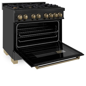 ZLINE Autograph Edition 36 in. 4.6 cu. ft. Legacy Dual Fuel Range with 6 Burner Gas Cooktop and Electric Convection Oven in Black Stainless Steel and Champagne Bronze Accents (RABZ-36-CB) side, oven open.