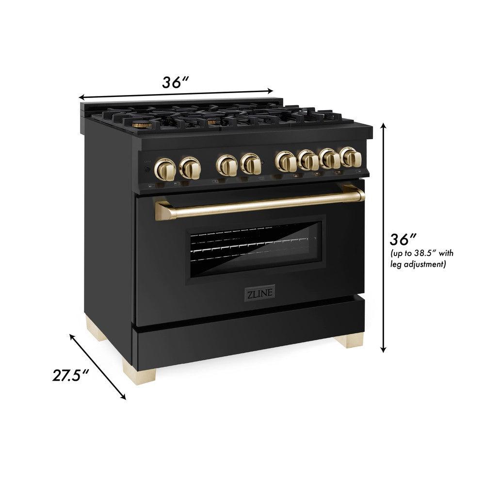 ZLINE Autograph Edition 36 in. 4.6 cu. ft. Legacy Dual Fuel Range with 6 Burner Gas Cooktop and Electric Convection Oven in Black Stainless Steel and Polished Gold Accents (RABZ-36-G) dimensional diagram.