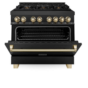 ZLINE Autograph Edition 36 in. 4.6 cu. ft. Legacy Dual Fuel Range with 6 Burner Gas Cooktop and Electric Convection Oven in Black Stainless Steel and Polished Gold Accents (RABZ-36-G) front, oven half open.