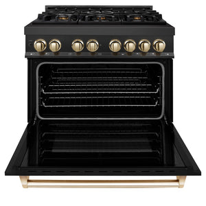 ZLINE Autograph Edition 36 in. 4.6 cu. ft. Legacy Dual Fuel Range with 6 Burner Gas Cooktop and Electric Convection Oven in Black Stainless Steel and Polished Gold Accents (RABZ-36-G) front, open.