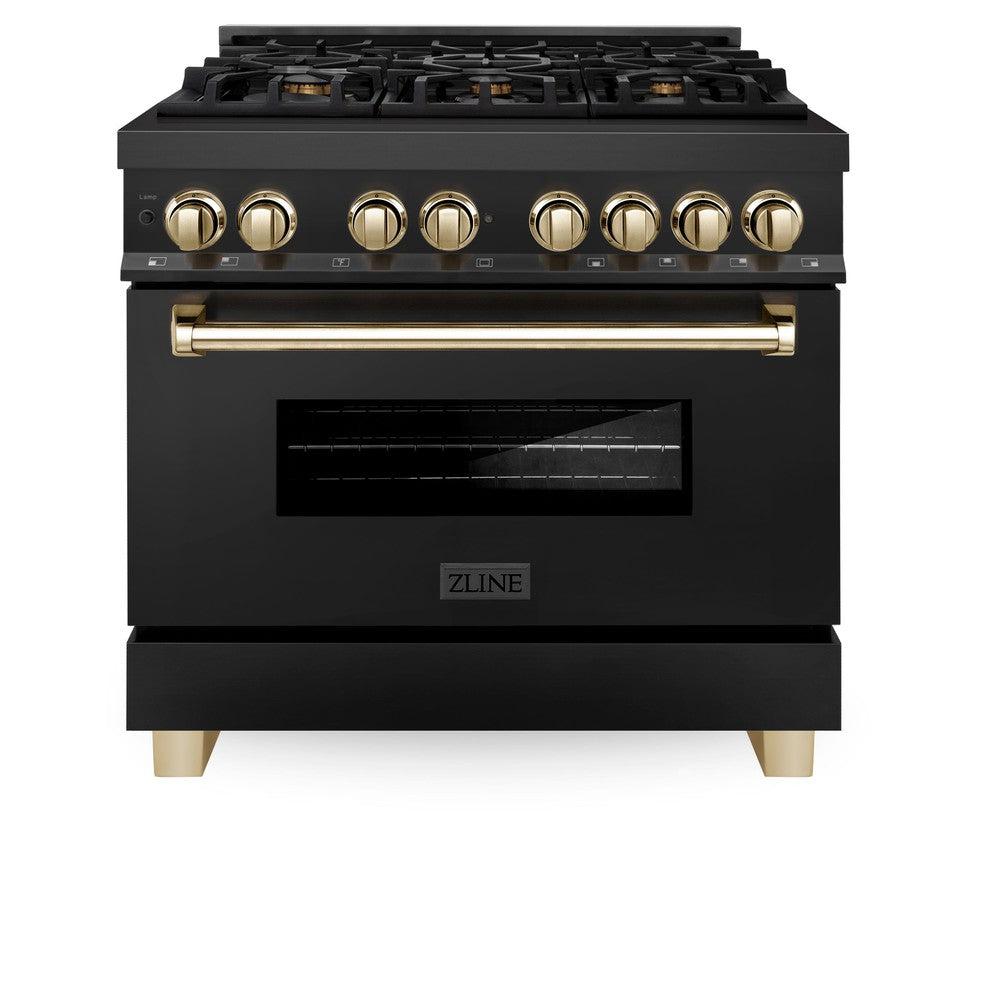 ZLINE Autograph Edition 36 in. 4.6 cu. ft. Legacy Dual Fuel Range with 6 Burner Gas Cooktop and Electric Convection Oven in Black Stainless Steel and Polished Gold Accents (RABZ-36-G) front, oven closed.