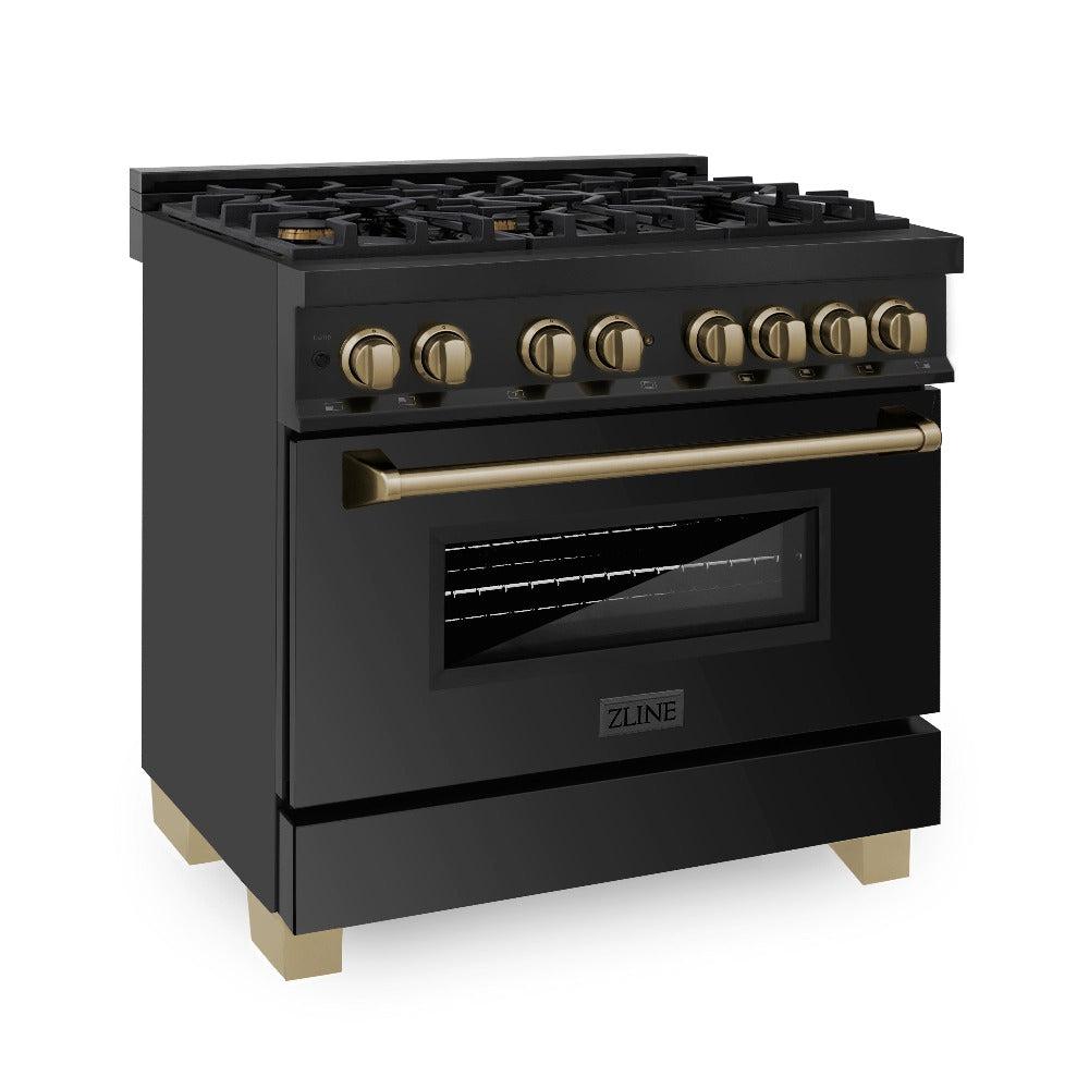 ZLINE Autograph Edition 36 in. 4.6 cu. ft. Dual Fuel Range with Gas Stove and Electric Oven in Black Stainless Steel with Champagne Bronze Accents (RABZ-36-CB) side, oven closed.