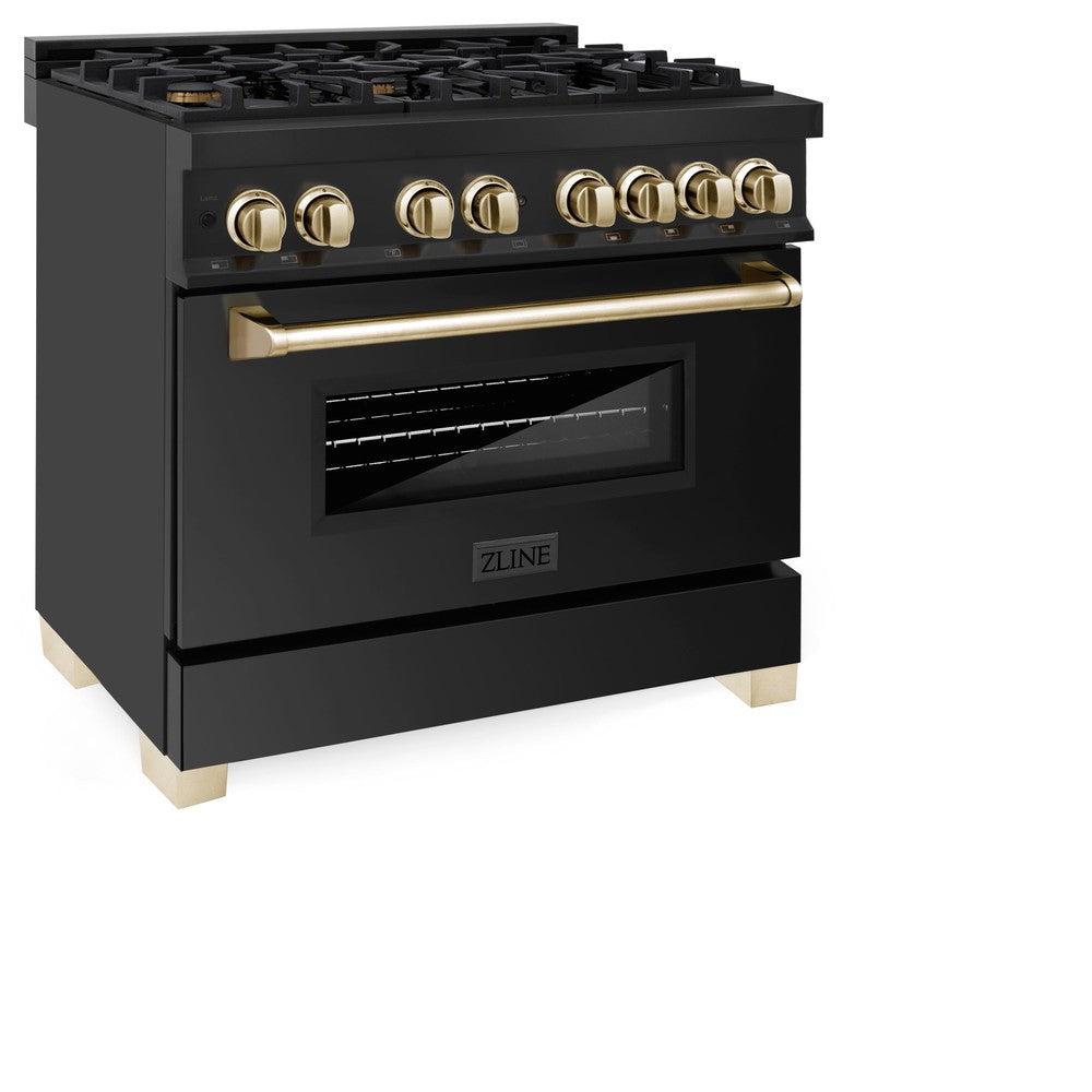 ZLINE Autograph Edition 36 in. 4.6 cu. ft. Legacy Dual Fuel Range with 6 Burner Gas Cooktop and Electric Convection Oven in Black Stainless Steel and Polished Gold Accents (RABZ-36-G) side, oven closed.