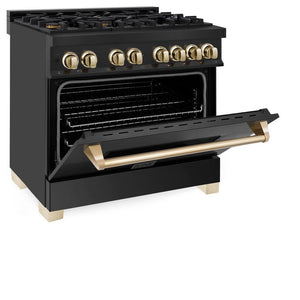 ZLINE Autograph Edition 36 in. 4.6 cu. ft. Legacy Dual Fuel Range with 6 Burner Gas Cooktop and Electric Convection Oven in Black Stainless Steel and Polished Gold Accents (RABZ-36-G) side, oven half open.