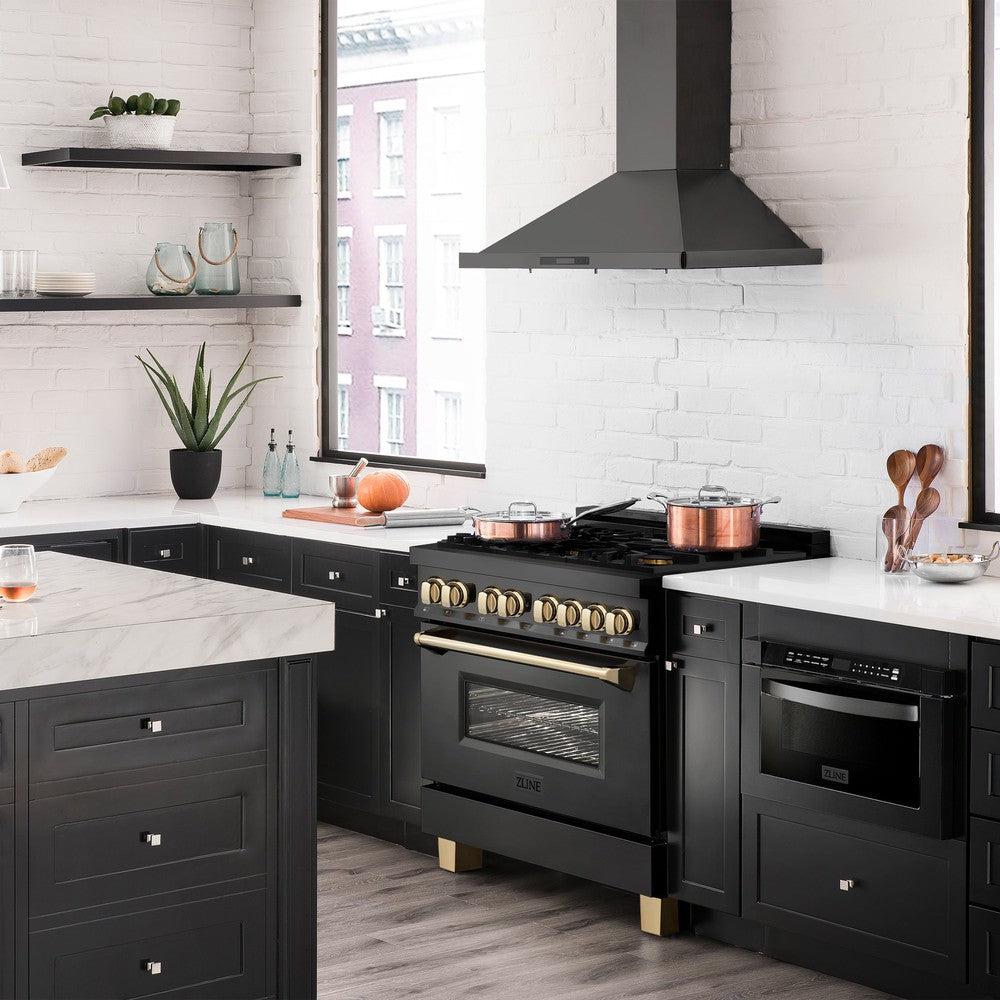 ZLINE Autograph Edition 36 in. 4.6 cu. ft. Dual Fuel Range with Gas Stove and Electric Oven in Black Stainless Steel with Polished Gold Accents (RABZ-36-G) lifestyle image from side in a luxury kitchen.