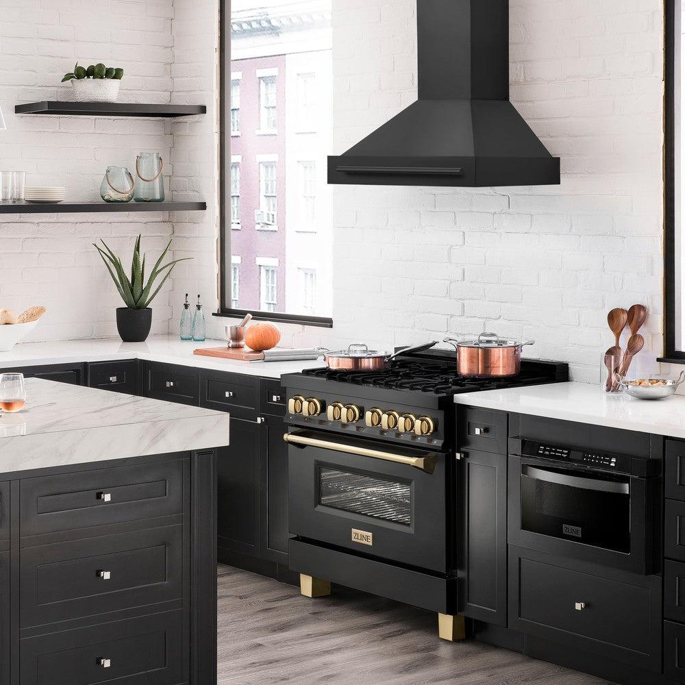 ZLINE Black Stainless Steel Range Hood with Black Stainless Steel Handle and Size Options (BS655-BS) lifestyle image from side in a luxury kitchen.