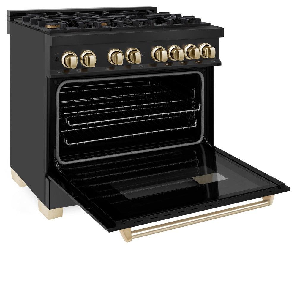 ZLINE Autograph Edition 36 in. 4.6 cu. ft. Legacy Dual Fuel Range with 6 Burner Gas Cooktop and Electric Convection Oven in Black Stainless Steel and Polished Gold Accents (RABZ-36-G) side, oven open.