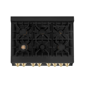 ZLINE Autograph Edition 36 in. 4.6 cu. ft. Legacy Dual Fuel Range with 6 Burner Gas Cooktop and Electric Convection Oven in Black Stainless Steel and Polished Gold Accents (RABZ-36-G) top-down, above cooktop.